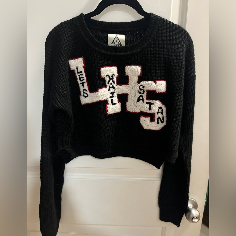 UNIF Vintage "Let's Hail Satan" LHS Cropped Knit Sweater Black XS